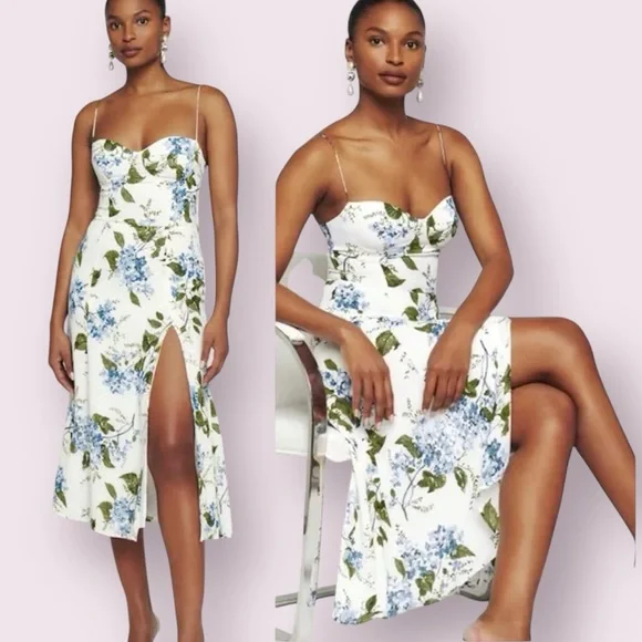 Reformation Juliette Floral Print Midi Georgette Dress White Blue Green Size 6 - Picture 1 of 14
